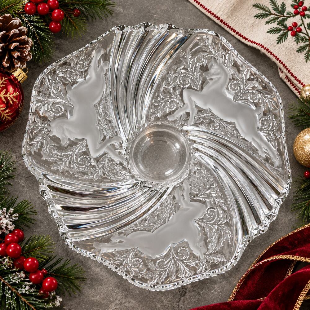 Mikasa Christmas Medley Reindeer Crystal Bon Bon Bowl 9" Vintage